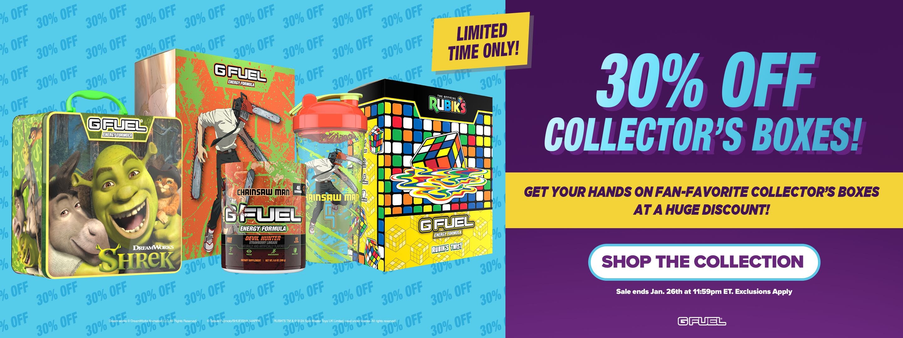 Image of vibrant G FUEL Collector's Boxes displayed on a bold background with a banner announcing '30% Off Collector's Boxes' in eye-catching text. Perfect opportunity to stock up on your favorite flavors and exclusive designs!